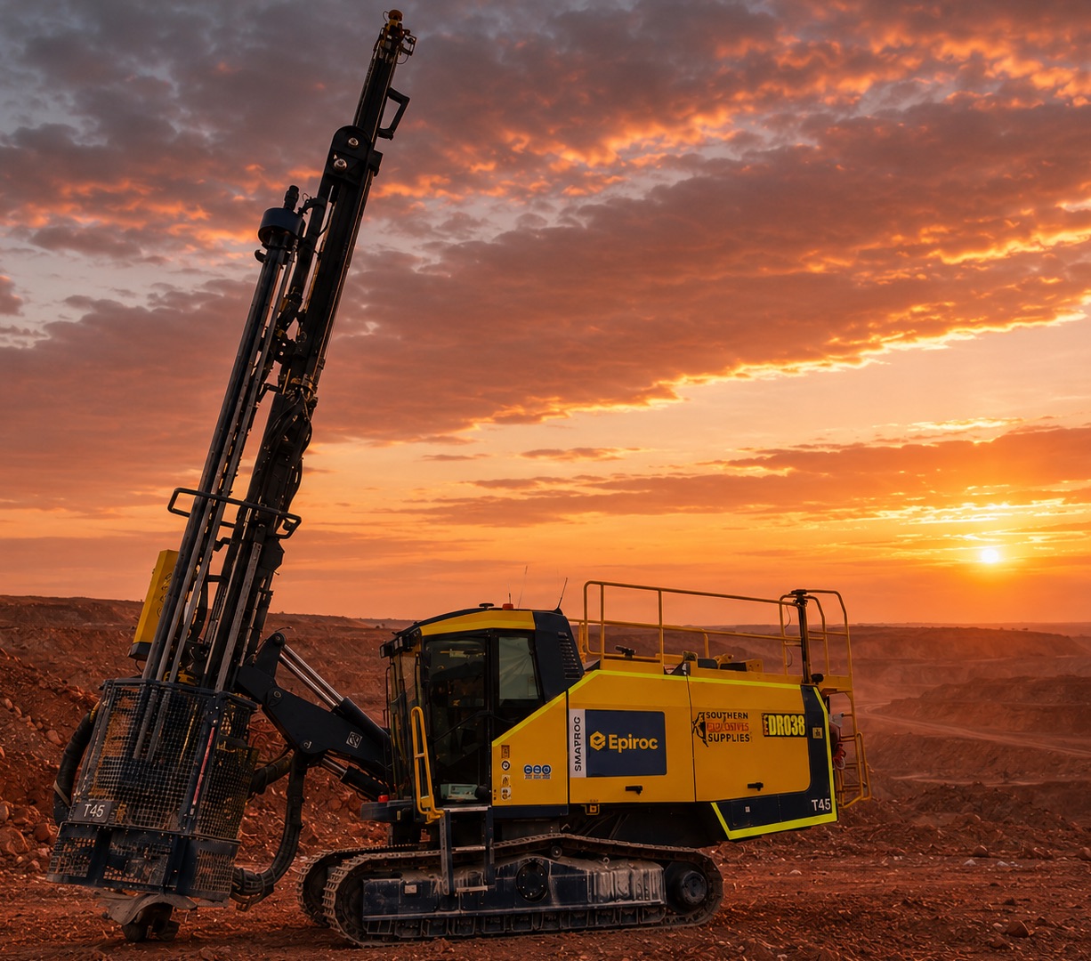 Yellow Epiroc drill rig on a mine site at sunset